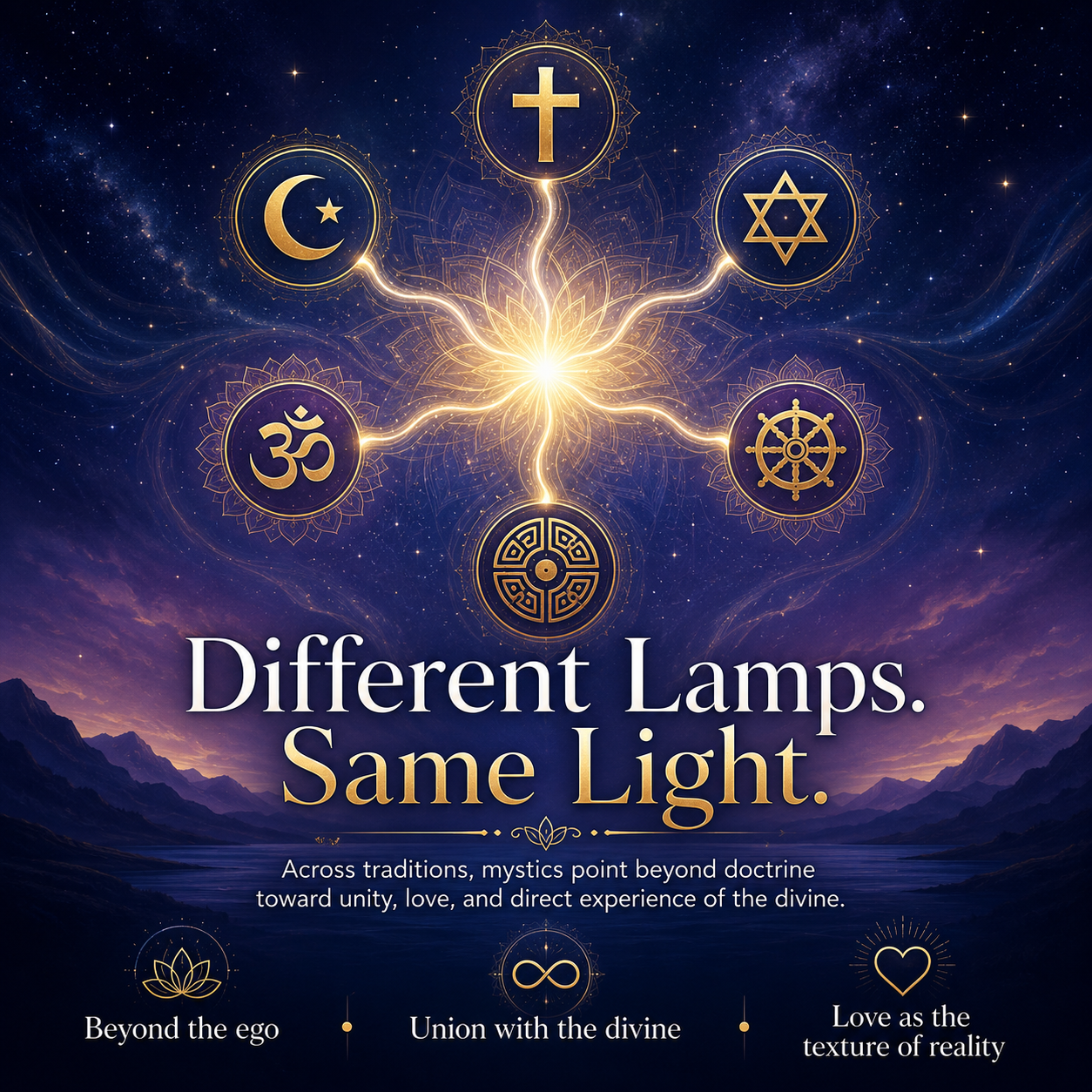 Different lamps, same light: symbols from multiple spiritual traditions connected by one central light.